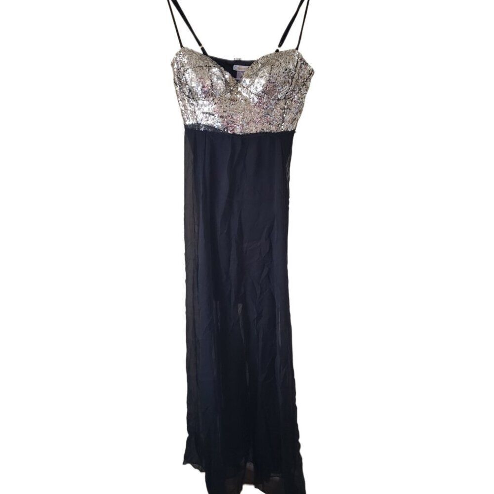 NWT Rubber Ducky Black Formal Silver Sequin Chiffon Dress